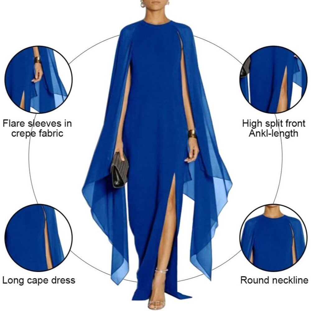Women's Blue Elegant High Split Flare Sleeve Formal Evening Gowns Maxi Dress - Picture 2 of 3